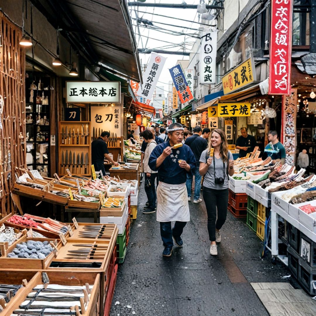 Tsukiji outer market with a chef