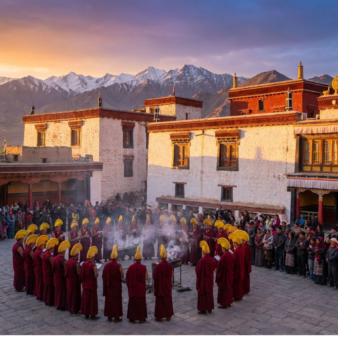 Dawn prayers at Thiksey monastery