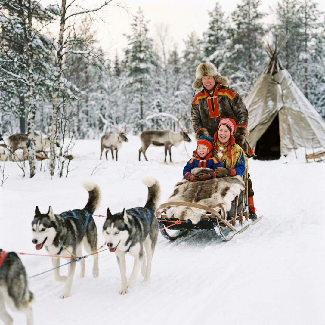 Husky sledding with a Sami family